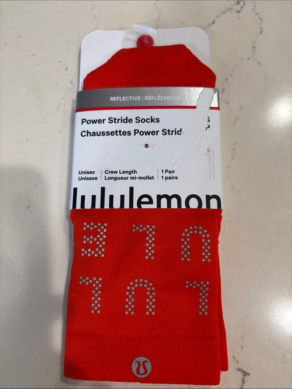 lululemon REFLECTIVE Power Stride Crew Socks in Crayon Orange-Red Small NWT